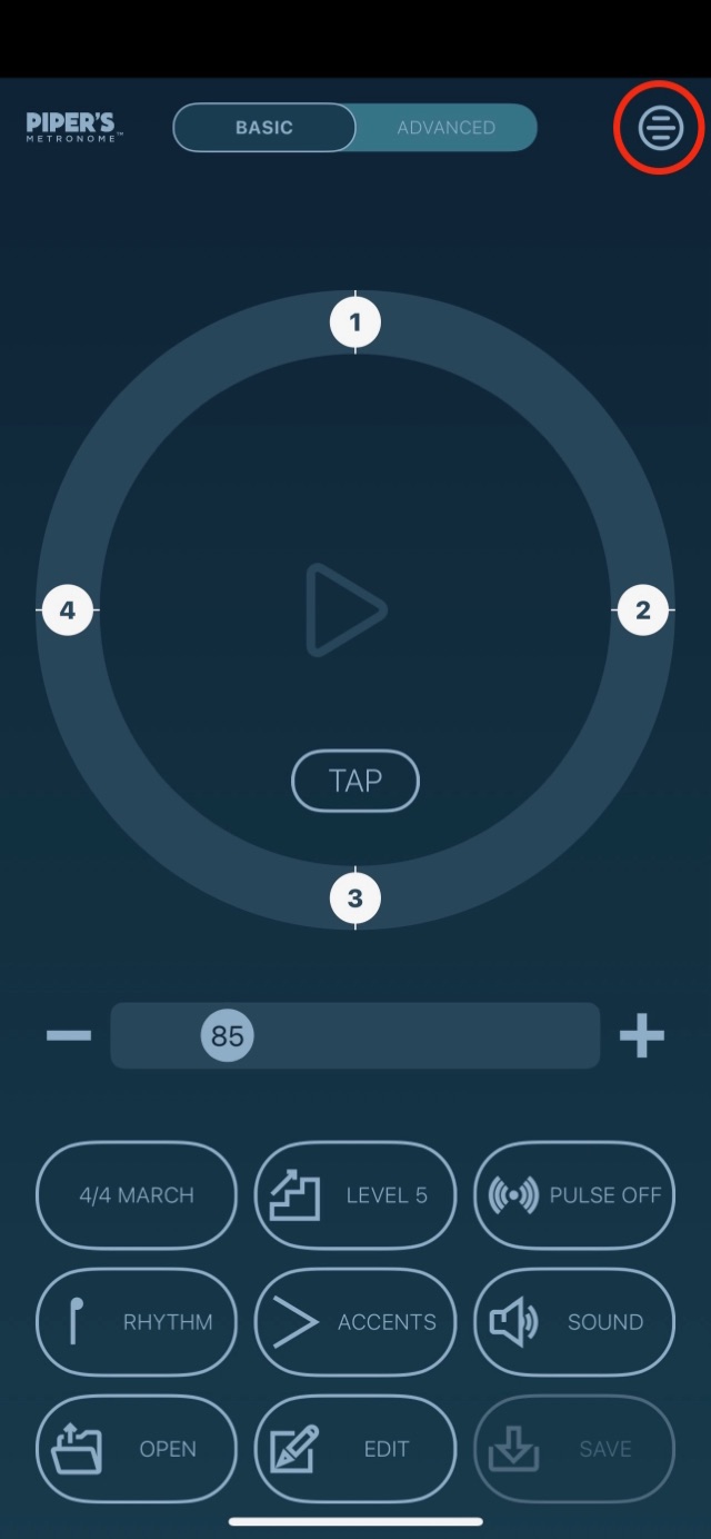 Piper's Metronome main screen with the Menu button circled in the top-right corner