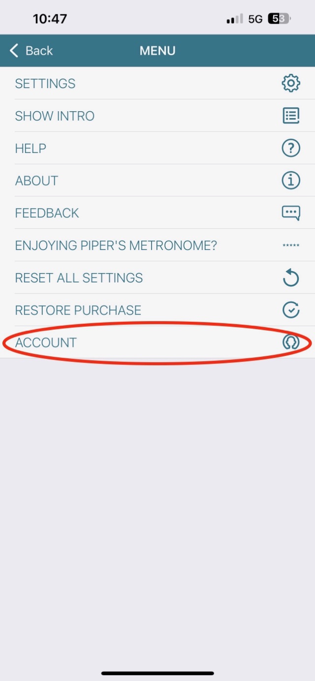 The app menu with the Account row circled