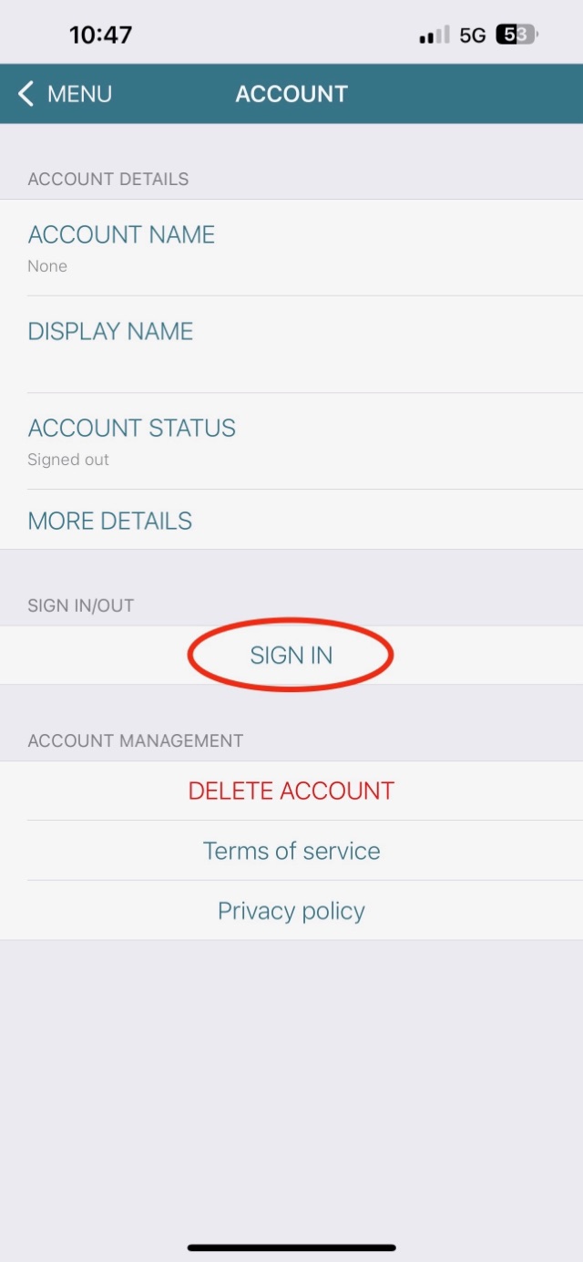 The Account screen with the Sign In link circled