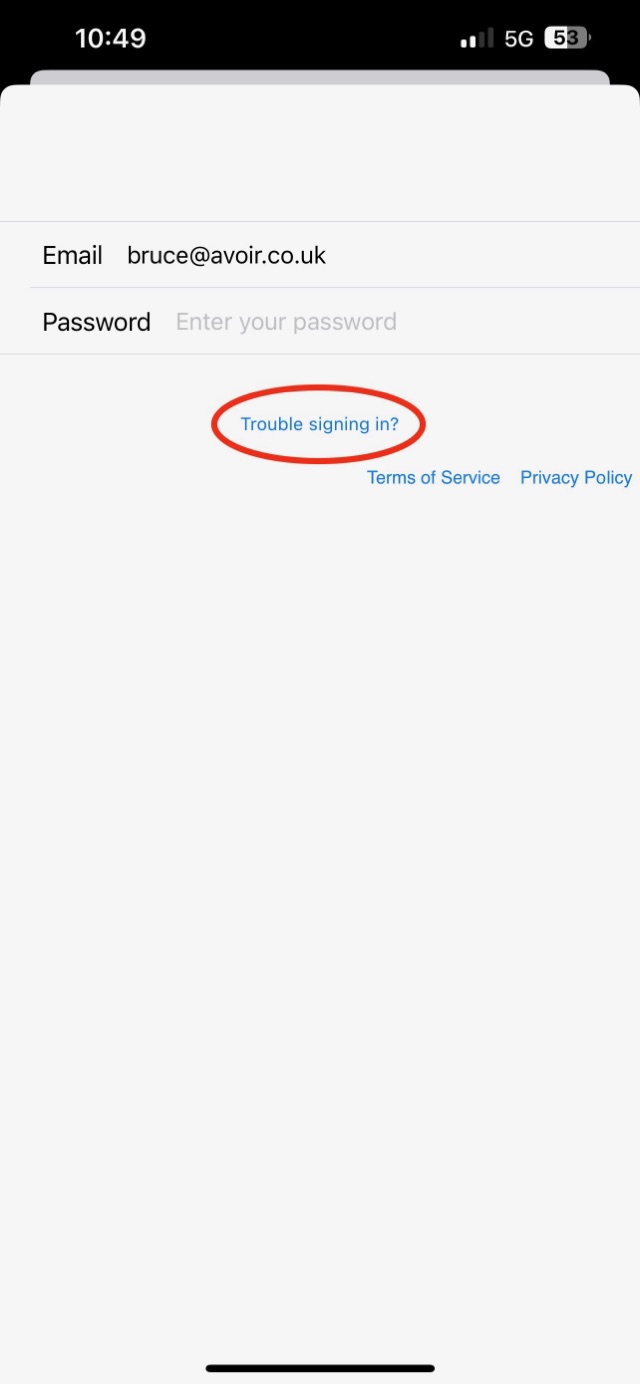 The password screen with the Trouble signing in? link circled